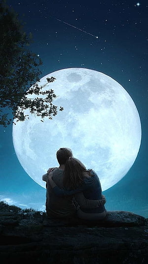 Couple Embracing Under a Giant Full Moon in a Starry Night Sky HD phone wallpaper