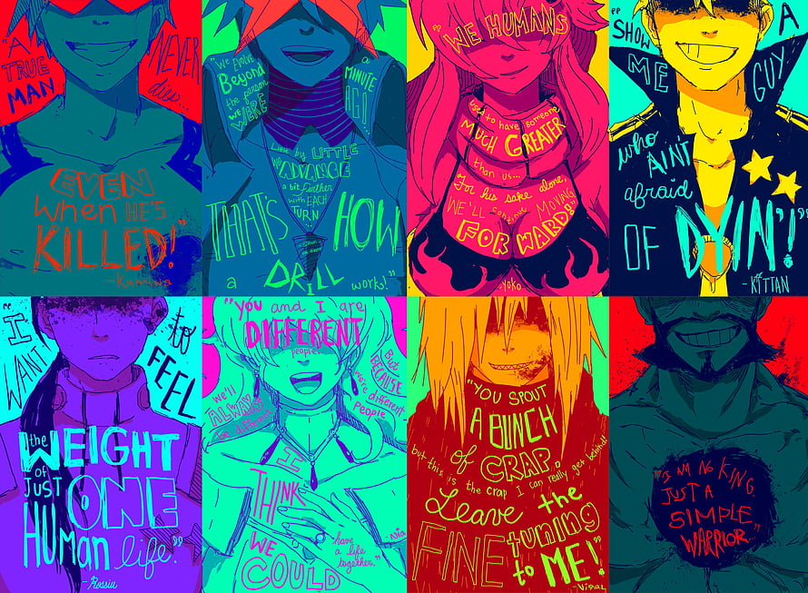 Tengen Toppa Gurren Lagann Character Quotes Collage with Vibrant Neon Colors HD wallpaper