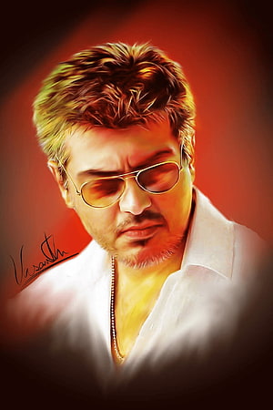 Thala Ajith Digital Portrait in White Shirt and Aviator Sunglasses HD phone wallpaper