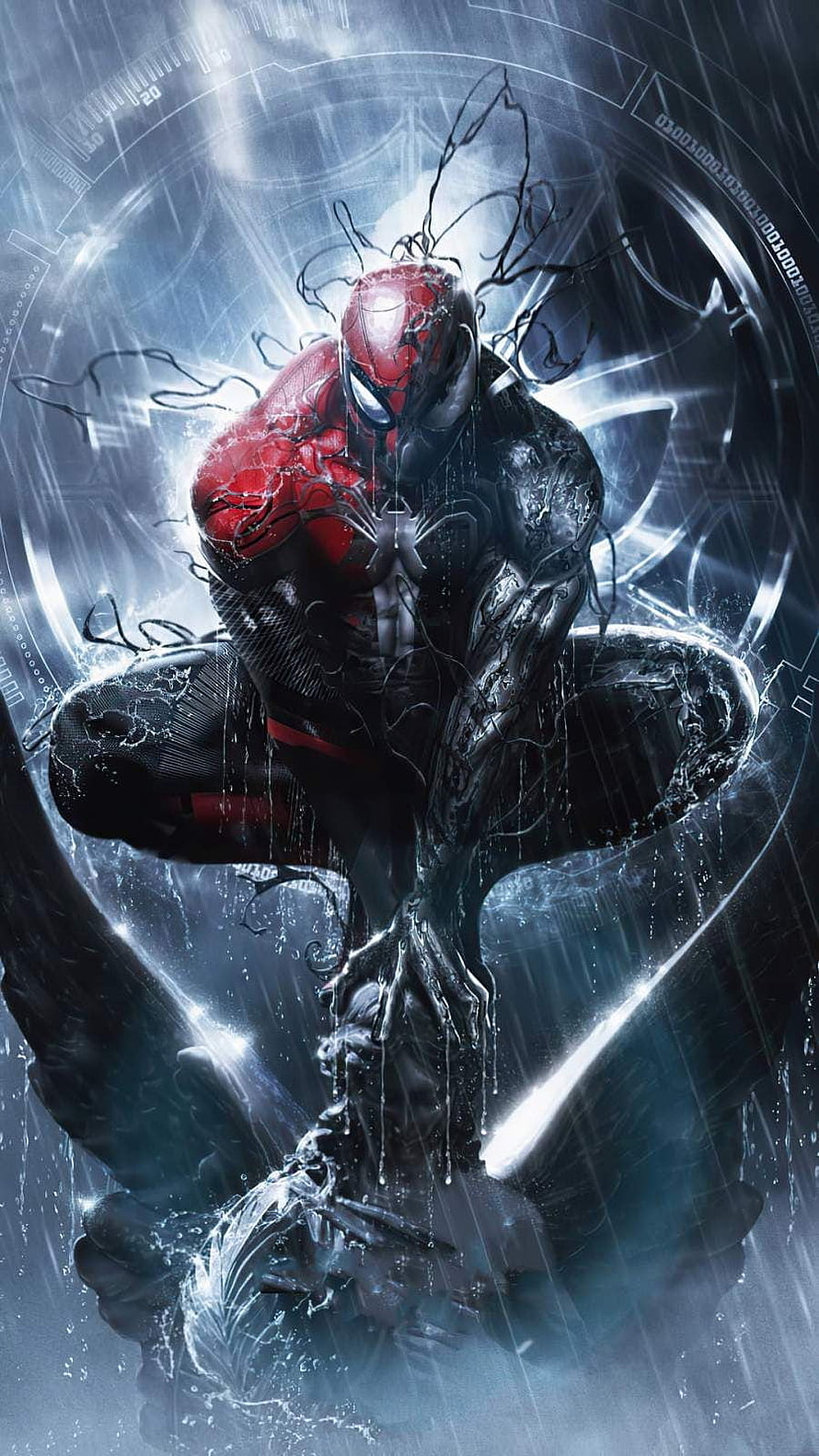 Symbiote Spider-Man Crouching in Rain with Black Suit and Red Accents HD phone wallpaper