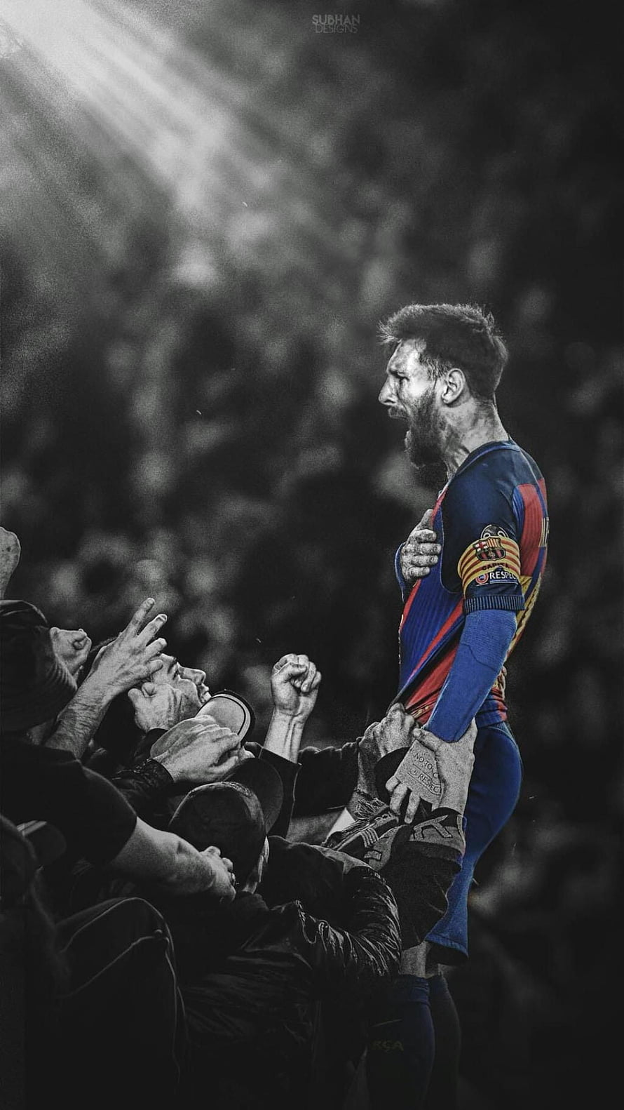 Lionel Messi in Barcelona kit being lifted by teammates in dramatic black and white stadium shot HD phone wallpaper
