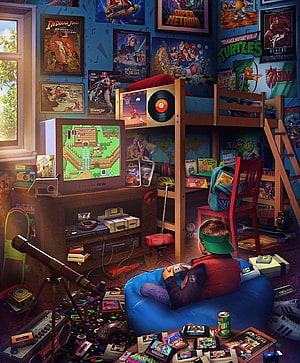 Nostalgic 90s Bedroom with Vintage Game Consoles and Retro Movie Posters HD phone wallpaper