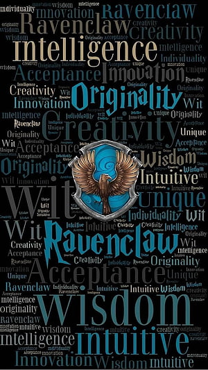 Harry Potter Ravenclaw House Crest with Eagle and Word Cloud of Wisdom and Creativity HD phone wallpaper