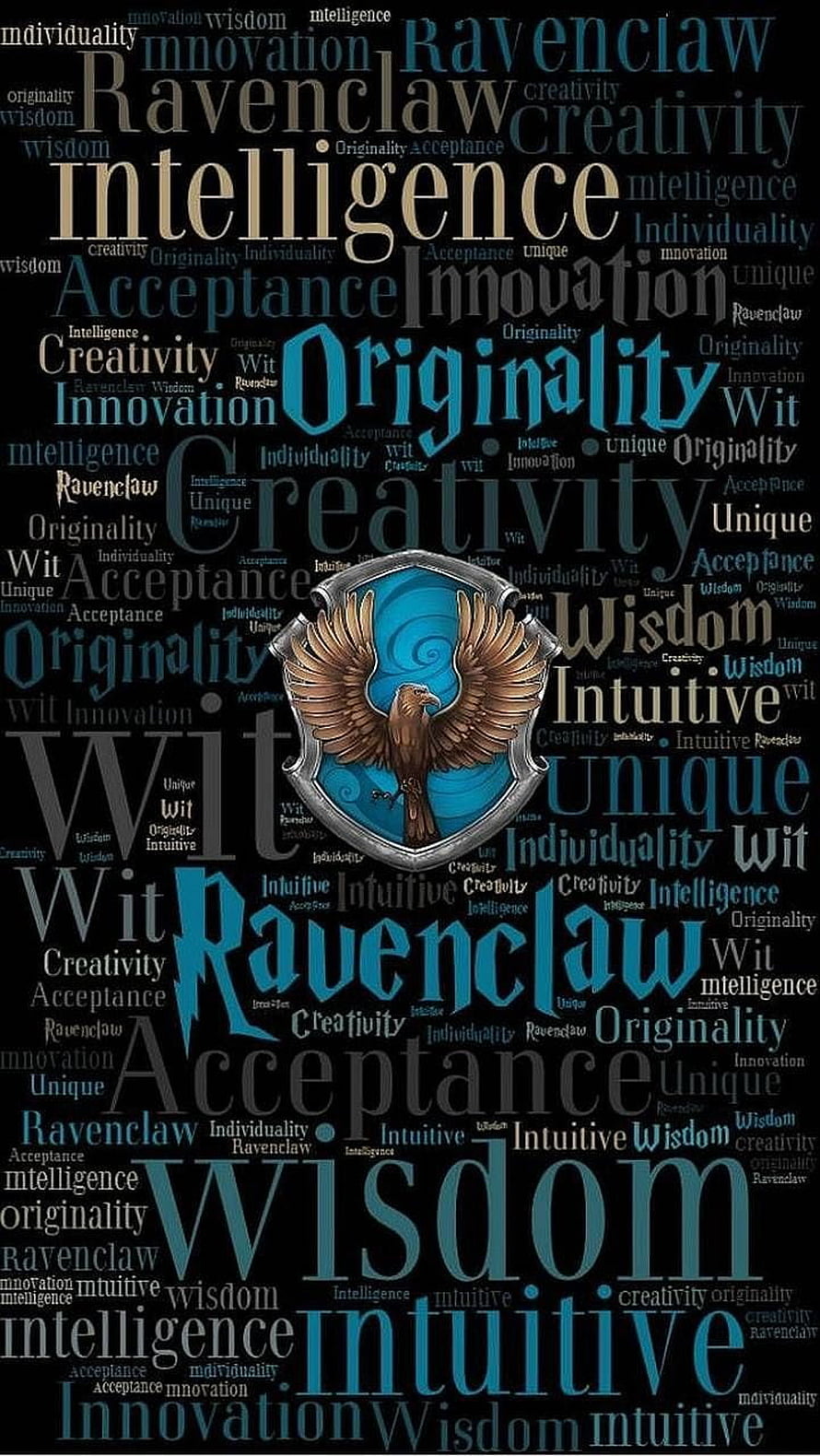 Harry Potter Ravenclaw House Crest with Eagle and Word Cloud of Wisdom and Creativity HD phone wallpaper