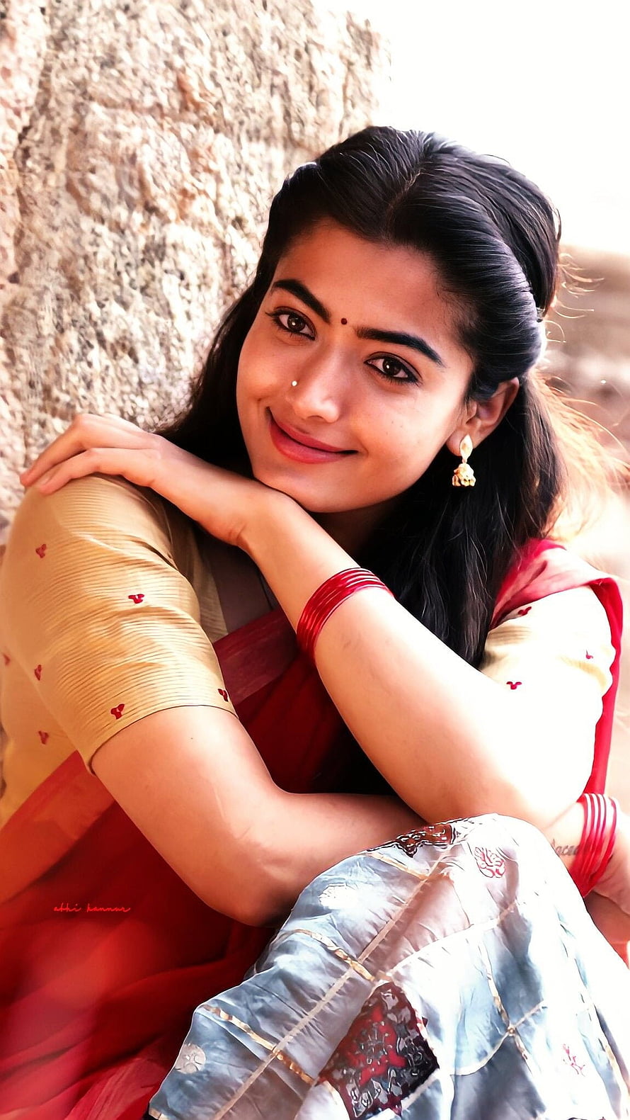 Rashmika Mandanna in a Traditional Red Saree with Gold Blouse and Bangles HD phone wallpaper