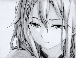 Detailed Pencil Sketch of a Melancholic Anime Girl with Long Hair HD wallpaper
