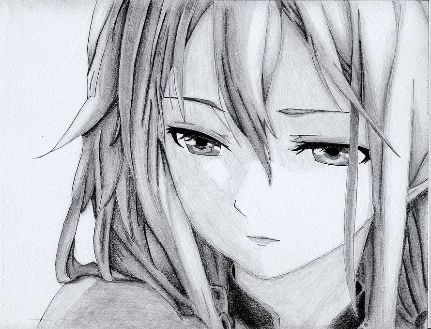 Detailed Pencil Sketch of a Melancholic Anime Girl with Long Hair HD wallpaper