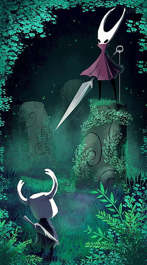 Hollow Knight Artwork: Horned Figure and Small Character in a Lush Green Forest HD phone wallpaper