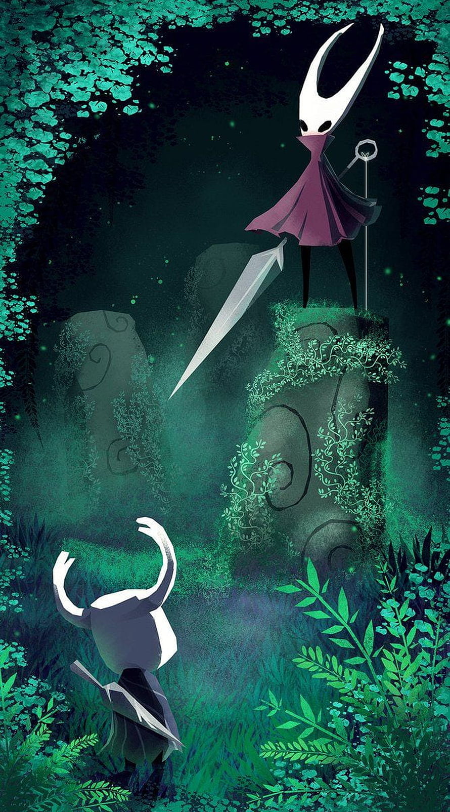 Hollow Knight Artwork: Horned Figure and Small Character in a Lush Green Forest HD phone wallpaper