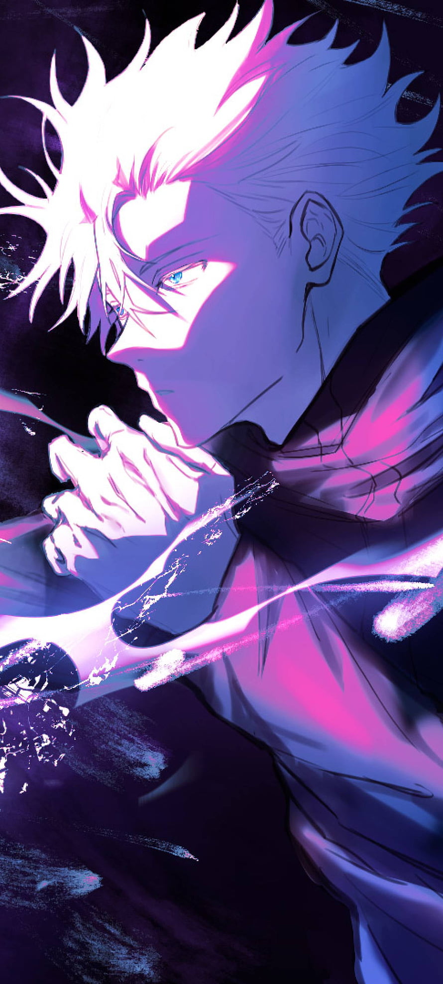 Satoru Gojo from Jujutsu Kaisen in a dramatic neon-lit anime portrait with spiky white hair and glowing blue eyes HD phone wallpaper