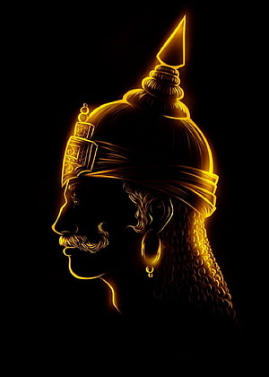 Maharana Pratap Golden Silhouette Portrait with Traditional Rajput Turban and Chainmail Armor HD phone wallpaper