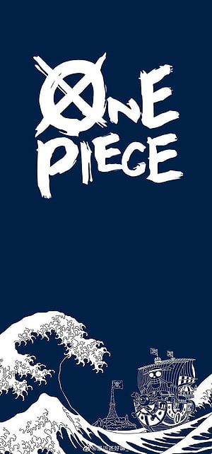 One Piece Logo with Thousand Sunny Ship and Ocean Waves on Dark Blue Background HD phone wallpaper