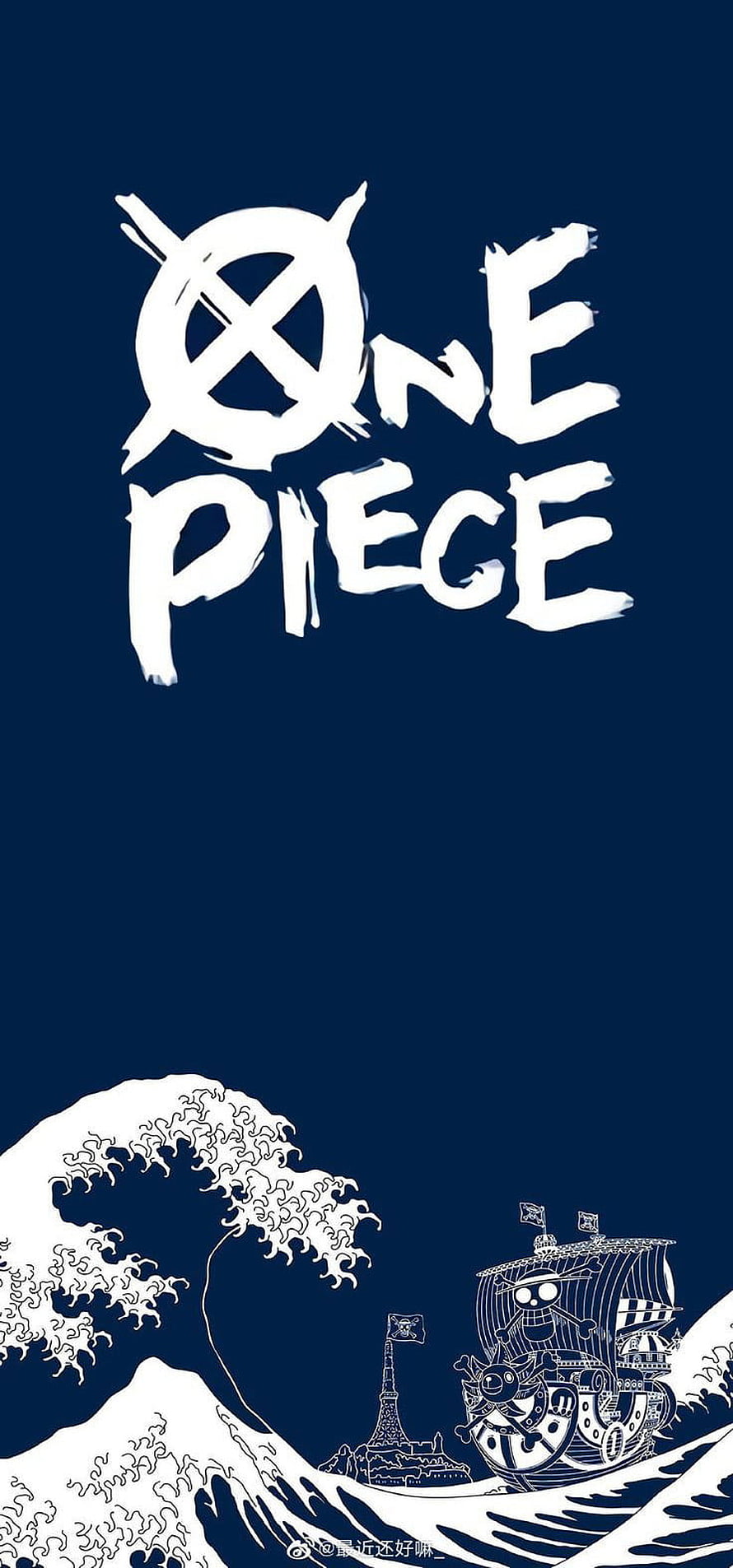 One Piece Logo with Thousand Sunny Ship and Ocean Waves on Dark Blue Background HD phone wallpaper