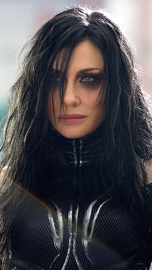 Hela from Thor Ragnarok in Dark Armor with Long Black Hair and Intense Blue Eyes HD phone wallpaper