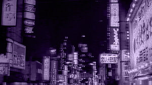 Purple Tinted Anime Cityscape with Neon Signs and Dense Urban Architecture HD wallpaper