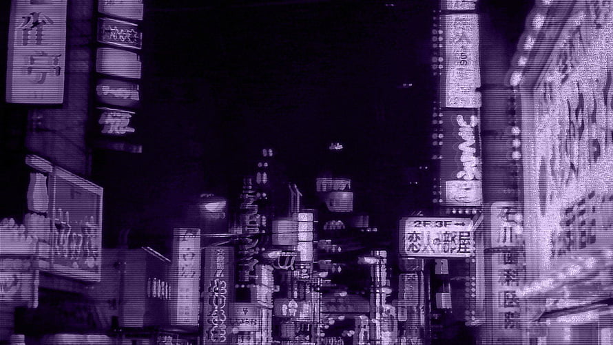 Purple Tinted Anime Cityscape with Neon Signs and Dense Urban Architecture HD wallpaper