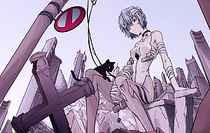 Rei Ayanami from Neon Genesis Evangelion Sitting on Ruined Cityscape with Black Cat HD wallpaper