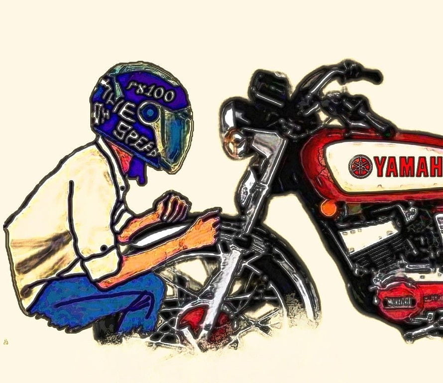 Hand-drawn illustration of a rider working on a red Yamaha RX100 motorcycle HD wallpaper