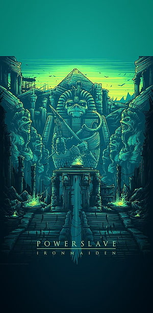 Iron Maiden PowerSlave Album Artwork with Ancient Egyptian Temple and Sphinx Statue HD phone wallpaper