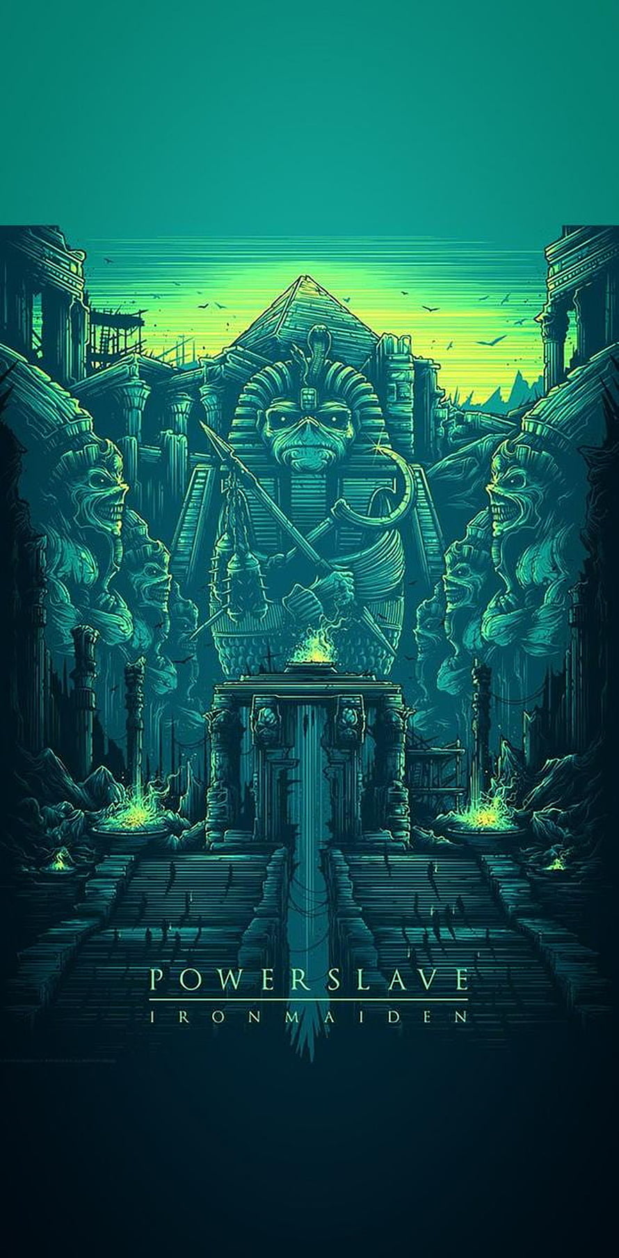 Iron Maiden PowerSlave Album Artwork with Ancient Egyptian Temple and Sphinx Statue HD phone wallpaper