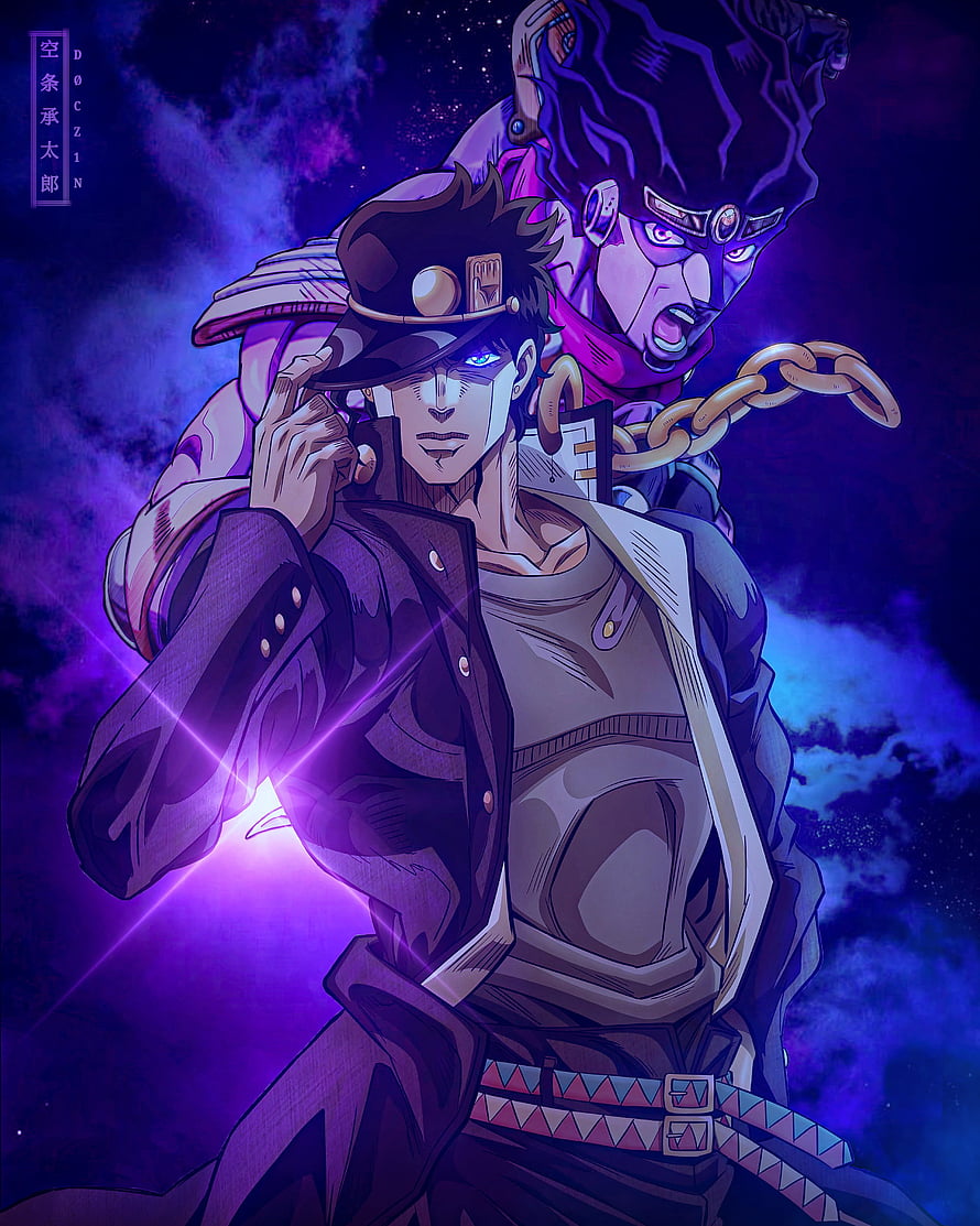 Jotaro Kujo and Star Platinum from JoJo's Bizarre Adventure in a dramatic purple cosmic scene HD phone wallpaper
