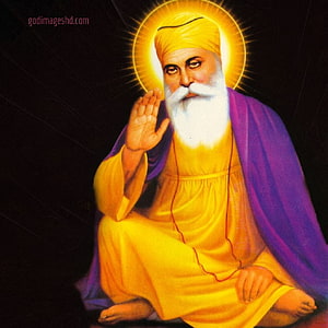Guru Nanak Dev Ji Portrait with Golden Halo and Purple Robe HD phone wallpaper
