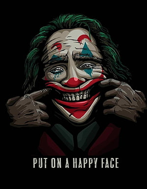 Joker Forcing A Grin With Clown Makeup And Green Hair On Black Background HD phone wallpaper