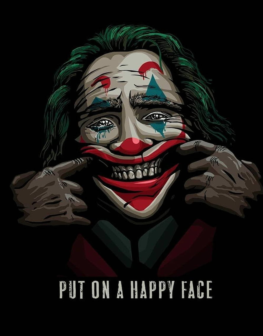 Joker Forcing A Grin With Clown Makeup And Green Hair On Black Background HD phone wallpaper
