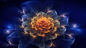 Luminous Fractal Flower with Golden Core and Ethereal Blue Petals HD wallpaper