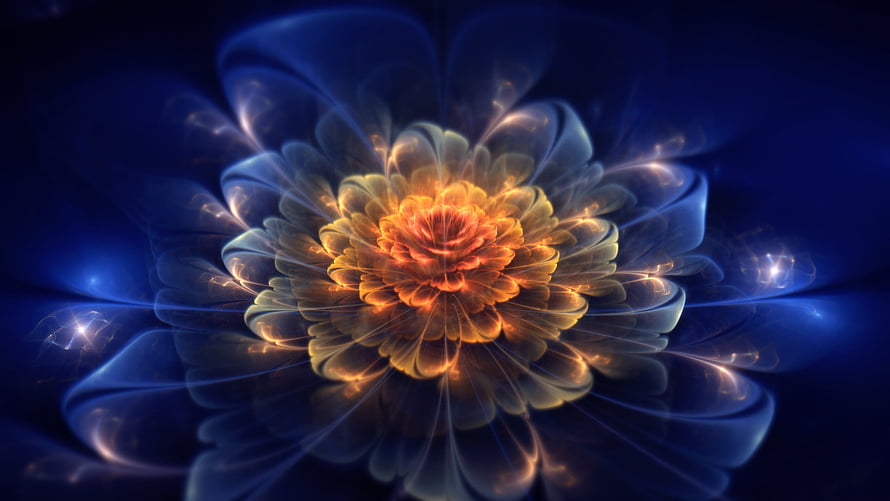 Luminous Fractal Flower with Golden Core and Ethereal Blue Petals HD wallpaper