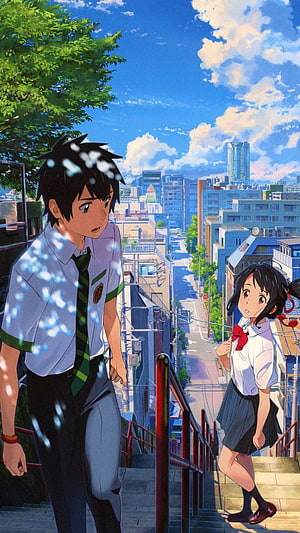 Taki and Mitsuha from Your Name anime scene on a city staircase under a bright blue sky HD phone wallpaper