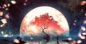Lone Red Tree Silhouetted Against a Giant Full Moon in a Dreamlike Fantasy Landscape HD wallpaper