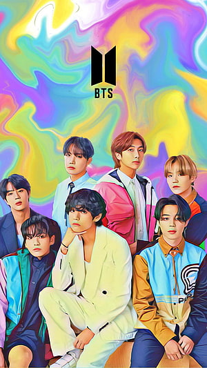 BTS Group Portrait Illustration With Vibrant Swirling Rainbow Background HD phone wallpaper
