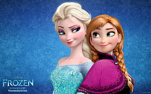 Elsa and Anna from Disney Frozen in elegant gowns against a frosty blue backdrop HD wallpaper