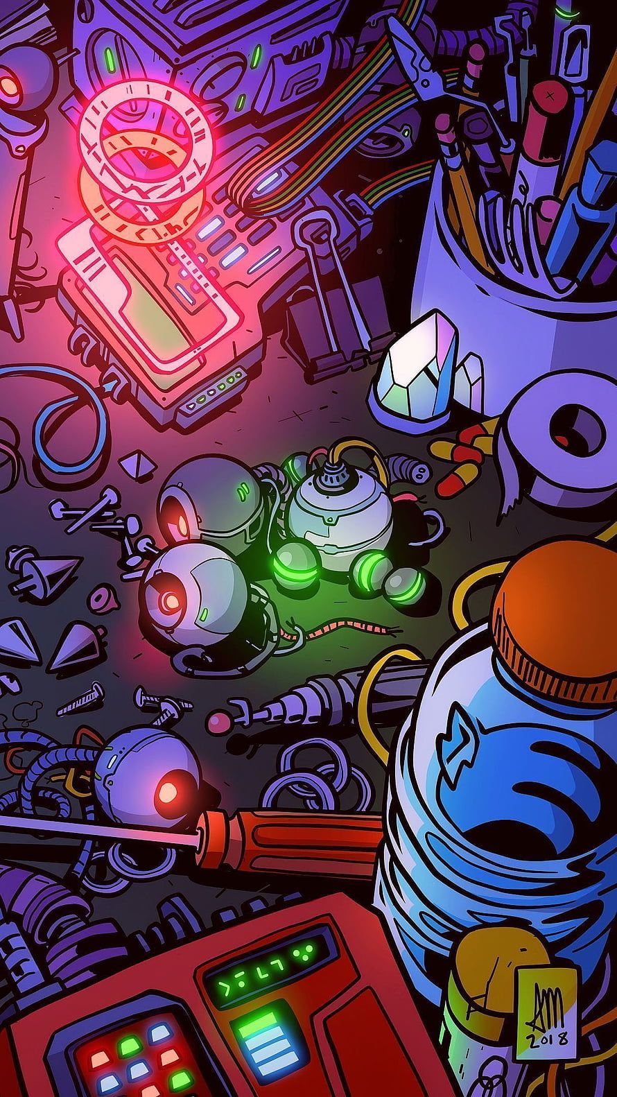 Neon Cyberpunk Robot Workshop Illustration with Glowing Gadgets and Tools HD phone wallpaper