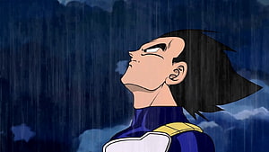Vegeta from Dragon Ball Z Gazing Upward in Heavy Rain with Dark Stormy Sky HD wallpaper