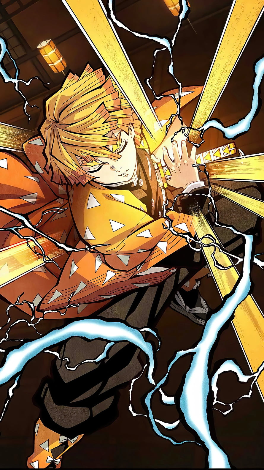 Zenitsu Agatsuma from Demon Slayer in Dynamic Lightning Combat Pose HD phone wallpaper