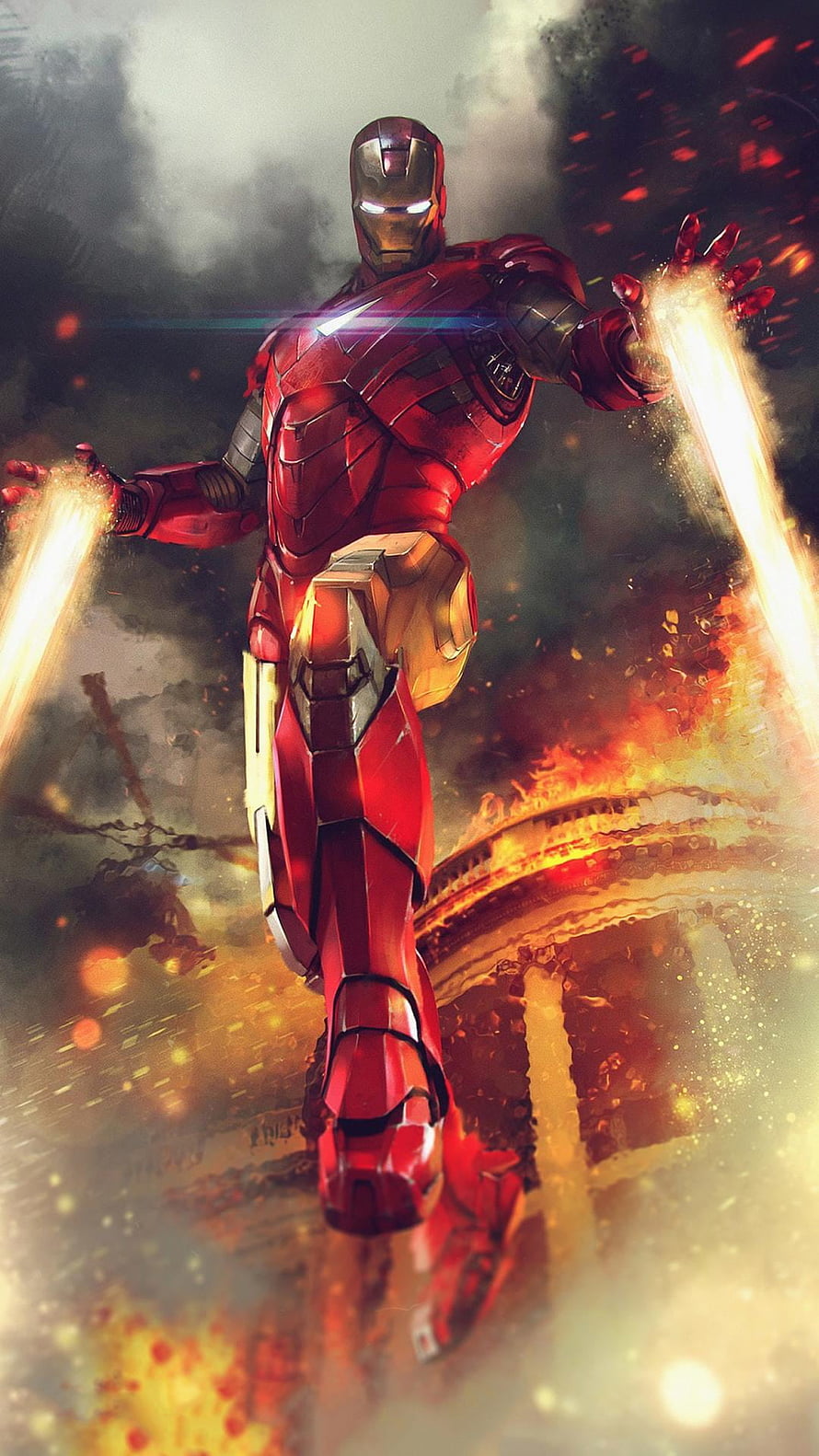 Iron Man Firing Repulsor Blasts Amidst Explosions and Fire in Cinematic Action Scene HD phone wallpaper
