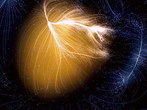 Laniakea Supercluster Visualization with Golden Magnetic Field Lines and Star Particles HD wallpaper