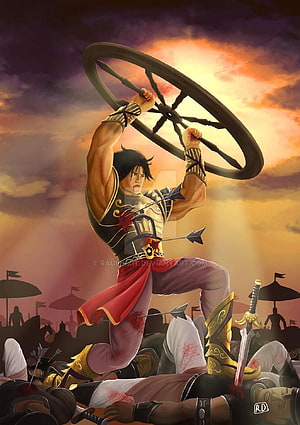 Abhimanyu in Epic Battle Scene Wielding Chakra Amidst Fallen Warriors at Sunset HD phone wallpaper