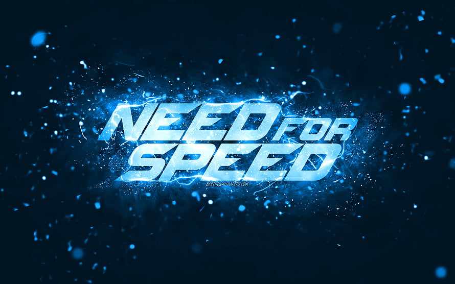 Need for Speed Electric Blue Logo with Neon Particle Effects on Dark Background HD wallpaper