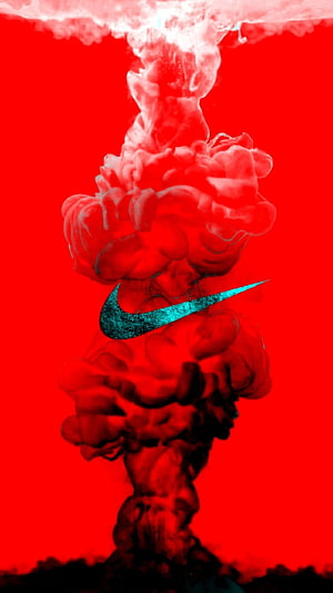 Nike Swoosh Logo in Red Ink Cloud with Cyan Accent HD phone wallpaper
