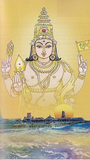 Thiruchendur Murugan Deity Painting with Temple and Ocean Scene HD phone wallpaper