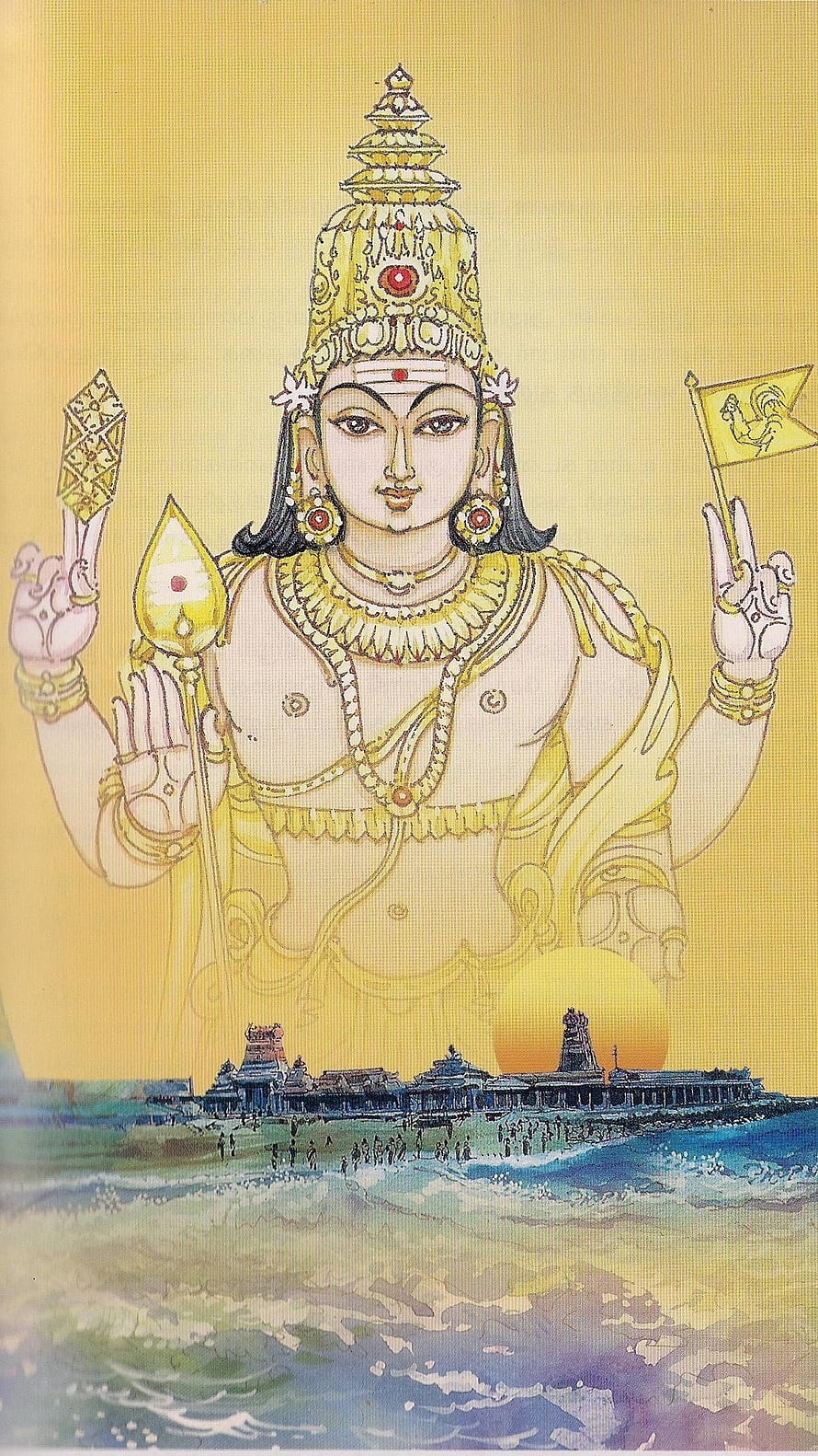 Thiruchendur Murugan Deity Painting with Temple and Ocean Scene HD phone wallpaper