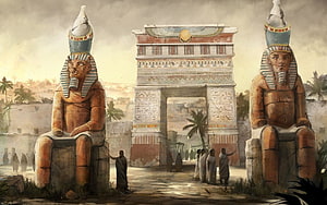 Ancient Egyptian Temple Gate Flanked by Colossal Seated Pharaoh Statues HD wallpaper