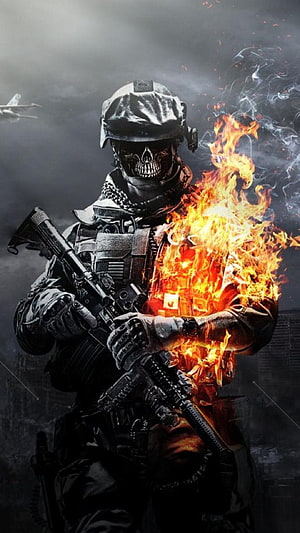 Call of Duty Ghosts Skull Soldier Enveloped in Flames with Tactical Rifle HD phone wallpaper