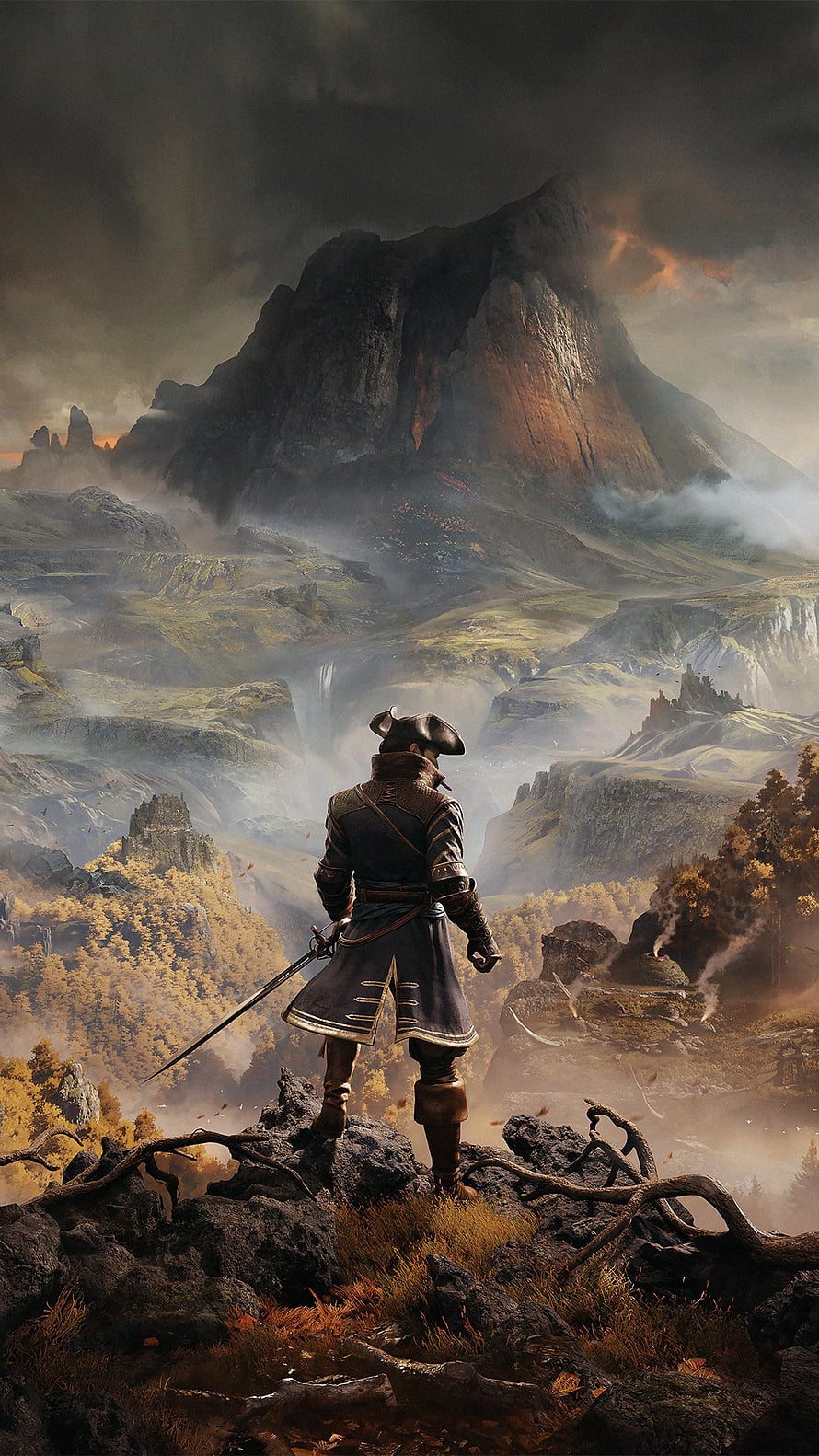 Sword-wielding figure overlooking a misty mountain valley in a dark fantasy landscape HD phone wallpaper