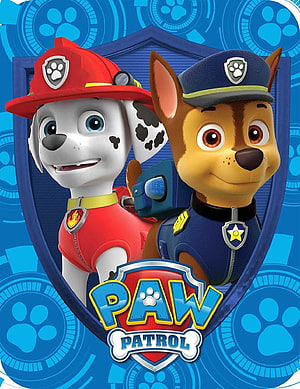 PAW Patrol Marshall and Chase Hero Dogs in Uniforms with Official Logo on Blue Background HD phone wallpaper