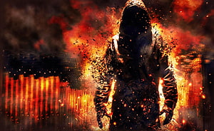 Hooded Figure Enveloped in Flames and Embers Amidst Destruction HD wallpaper