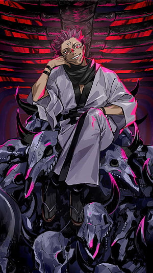 Ryomen Sukuna Sitting on Skull Throne in Jujutsu Kaisen Anime Art HD phone wallpaper